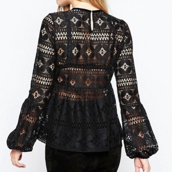 ASOS Lace and Velvet Open Front Smocked Top Black - Picture 2 of 13